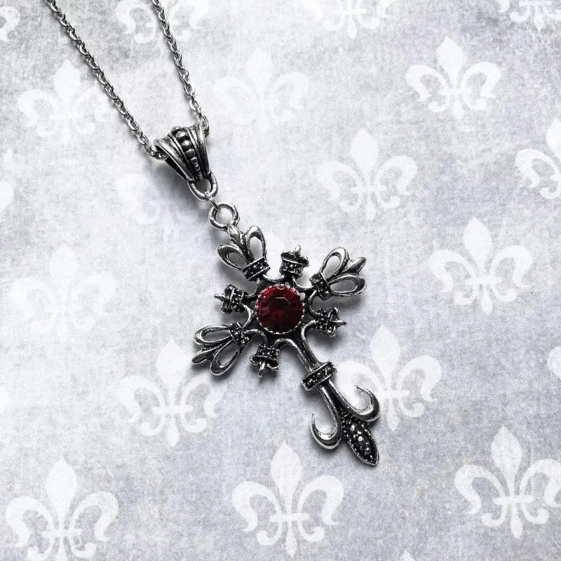 Vintage Ruby Cross Necklace Gothic Dark Fashion Pendant Necklace