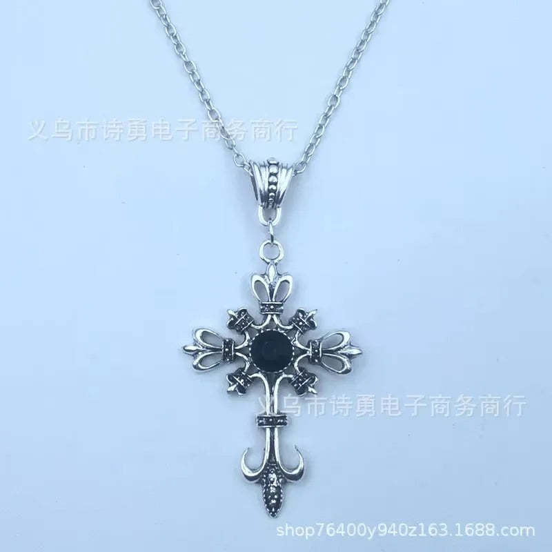 Vintage Ruby Cross Necklace Gothic Dark Fashion Pendant Necklace