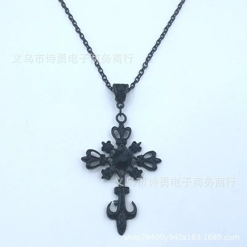 Vintage Ruby Cross Necklace Gothic Dark Fashion Pendant Necklace