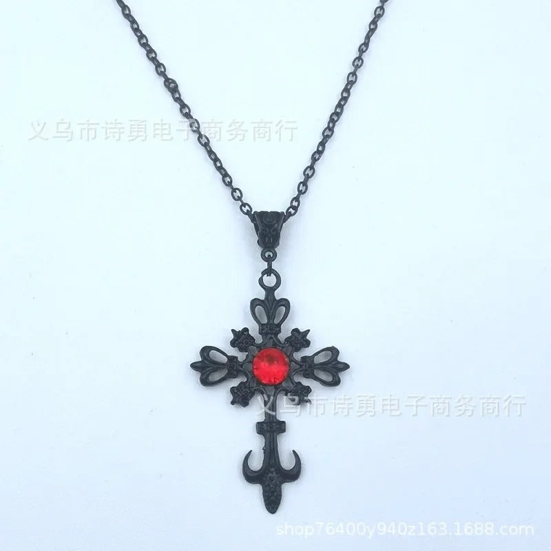 Vintage Ruby Cross Necklace Gothic Dark Fashion Pendant Necklace