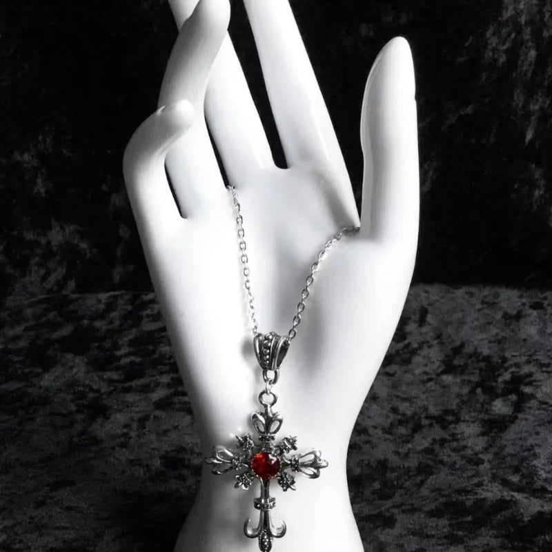 Vintage Ruby Cross Necklace Gothic Dark Fashion Pendant Necklace