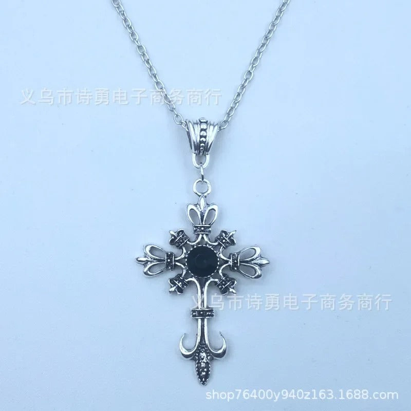 Vintage Ruby Cross Necklace Gothic Dark Fashion Pendant Necklace