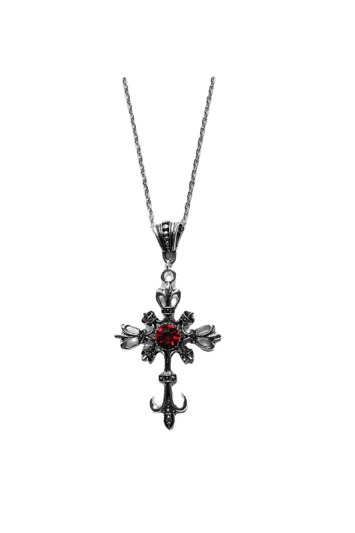 Vintage Ruby Cross Necklace Gothic Dark Fashion Pendant Necklace